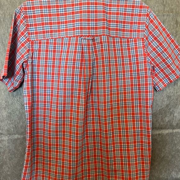 Men’s Chaps Easy Care Button Down Shirt Red Checker w Blue Stripes Pattern Small - Picture 3 of 3